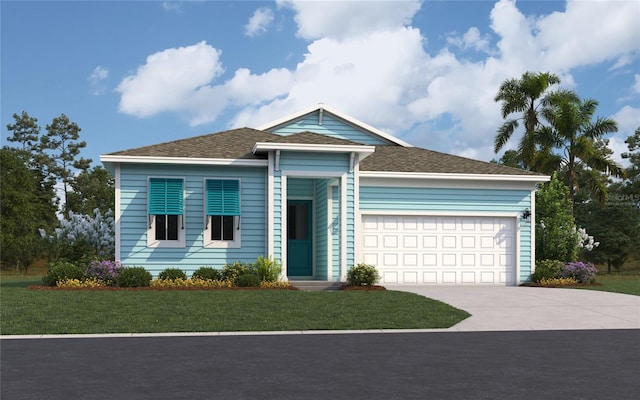 ranch-style house featuring a garage, concrete driveway, a front lawn, and a shingled roof