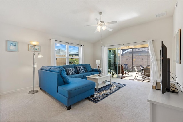 5829 Tupelo Ter, The Villages, FL 32163 - living room featuring ceiling fan, carpet flooring, and lofted ceiling