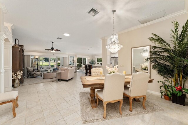 dining area featuring recessed lighting, crown molding, light tile patterned flooring, visible vents, and ceiling fan with notable chandelier