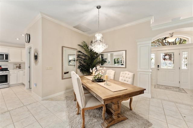 dining space featuring a chandelier, crown molding, light tile patterned floors, and recessed lighting