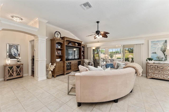 living room with crown molding, visible vents, a ceiling fan, and light tile patterned flooring