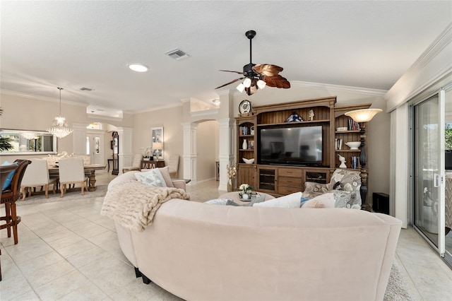 living room featuring ornamental molding, light tile patterned floors, ceiling fan, and decorative columns