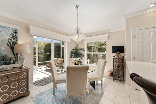 dining area with crown molding, light tile patterned floors, a wealth of natural light, and an inviting chandelier