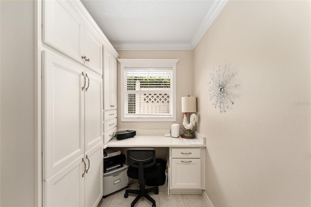 office space with light tile patterned floors, baseboards, and ornamental molding