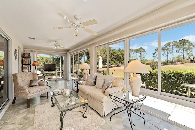 sunroom / solarium with outdoor lounge area, ceiling fan, and visible vents