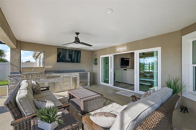 5557 Hawkins Dr, The Villages, FL 32163 - view of patio / terrace with outdoor lounge area, an outdoor kitchen, a grill, and ceiling fan