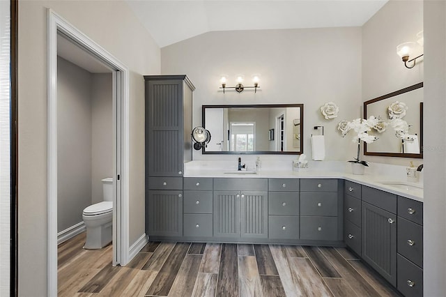 5557 Hawkins Dr, The Villages, FL 32163 - full bathroom with lofted ceiling, toilet, a sink, and wood finish floors