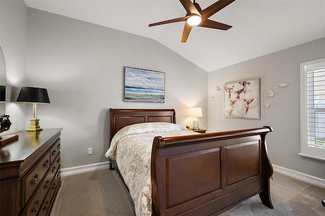 5557 Hawkins Dr, The Villages, FL 32163 - bedroom featuring baseboards, lofted ceiling, and dark carpet