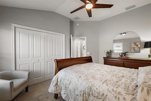 5557 Hawkins Dr, The Villages, FL 32163 - carpeted bedroom with a ceiling fan, a closet, lofted ceiling, and visible vents