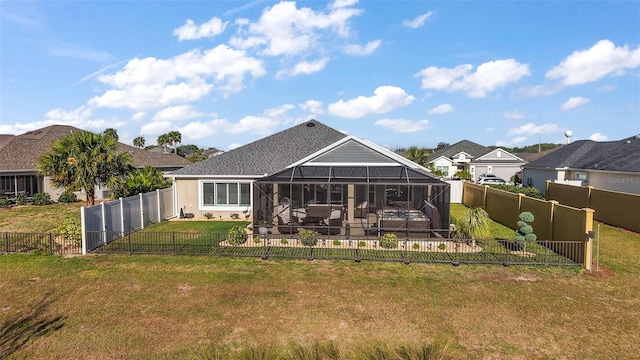 5557 Hawkins Dr, The Villages, FL 32163 - rear view of house featuring a fenced backyard, glass enclosure, a patio area, and a yard