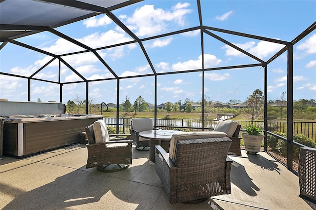 5557 Hawkins Dr, The Villages, FL 32163 - view of patio featuring a lanai, a hot tub, and an outdoor living space