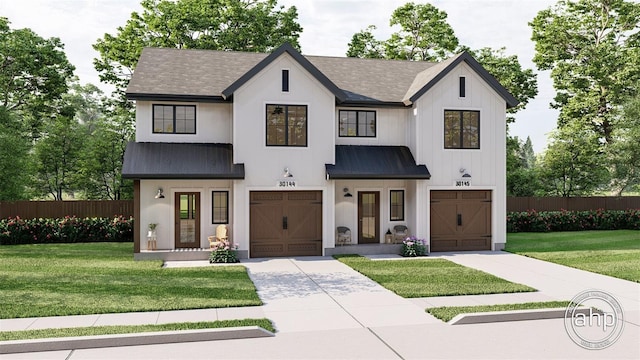 650 E Liberty Ave, Mount Dora, FL 32757 - modern farmhouse style home with a front yard, concrete driveway, an attached garage, fence, and metal roof