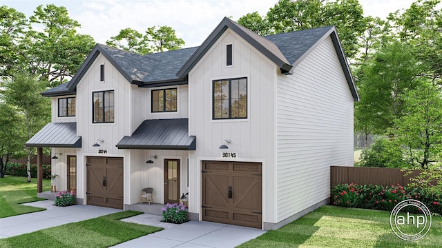 650 E Liberty Ave, Mount Dora, FL 32757 - modern farmhouse featuring board and batten siding, a front lawn, a standing seam roof, and metal roof