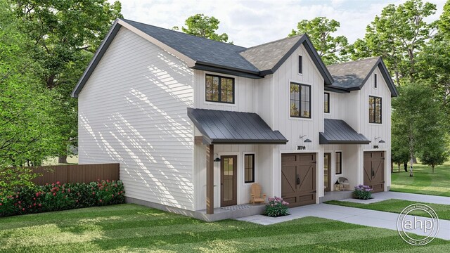 650 E Liberty Ave, Mount Dora, FL 32757 - modern inspired farmhouse with metal roof, a front yard, and board and batten siding