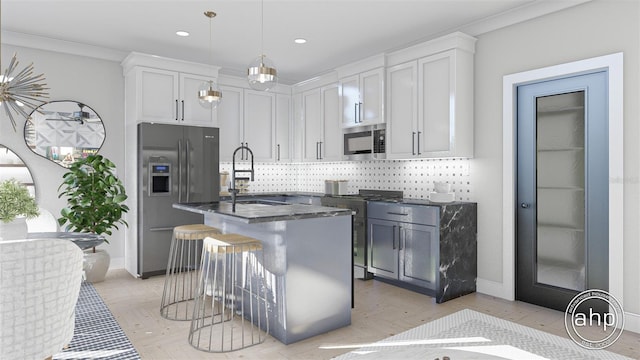 650 E Liberty Ave, Mount Dora, FL 32757 - kitchen with a sink, crown molding, backsplash, and stainless steel appliances