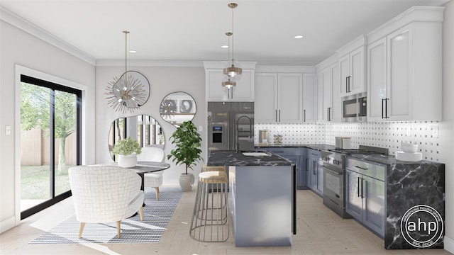650 E Liberty Ave, Mount Dora, FL 32757 - kitchen with decorative light fixtures, ornamental molding, backsplash, dark stone counters, and appliances with stainless steel finishes