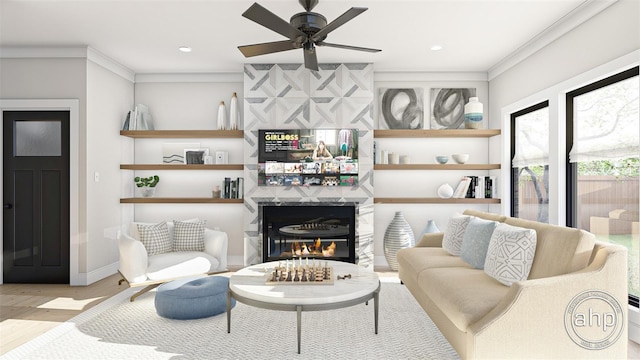 650 E Liberty Ave, Mount Dora, FL 32757 - living area featuring a ceiling fan, wood finished floors, a premium fireplace, baseboards, and ornamental molding