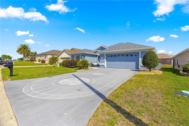 single story home with stucco siding, a residential view, aphalt driveway, a front lawn, and a garage