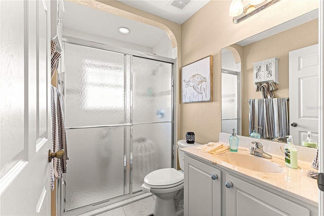 full bathroom with vanity, visible vents, toilet, and a shower stall