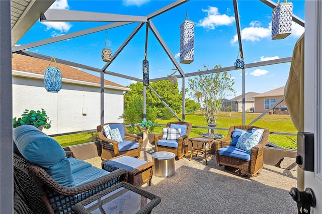 view of patio with an outdoor hangout area and a lanai