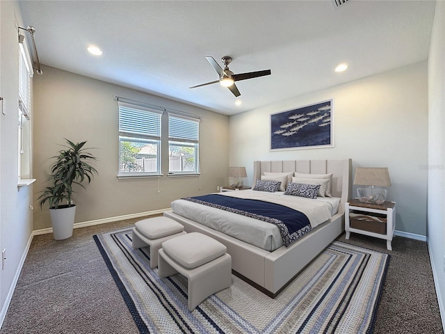 bedroom with carpet, recessed lighting, a ceiling fan, and baseboards