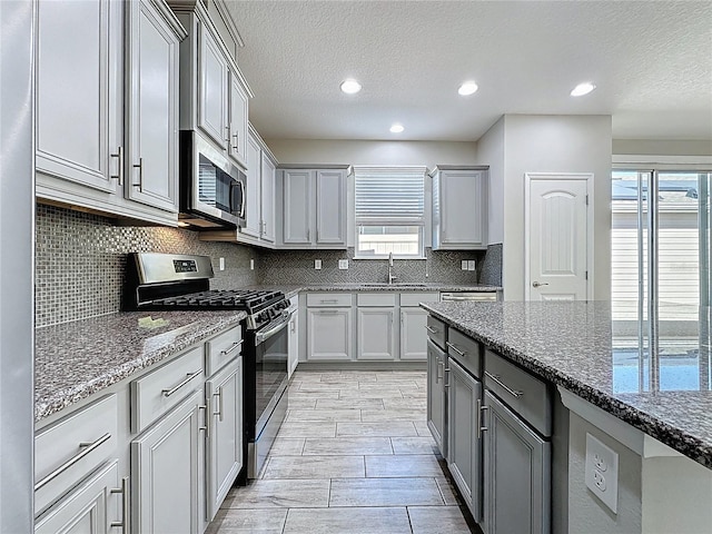kitchen with gray cabinets, stainless steel appliances, a wealth of natural light, and backsplash