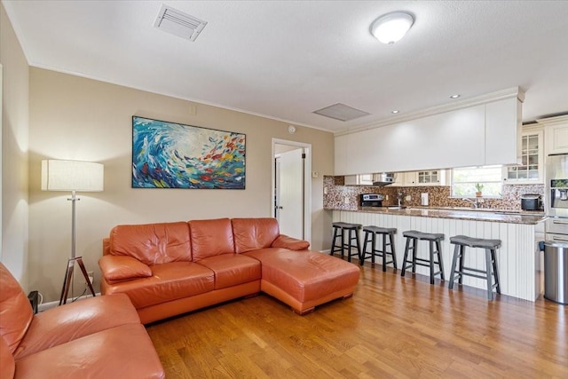 29051 Magnolia Ln, Big Pine Key, FL 33043 - living room with light wood-style flooring, visible vents, and crown molding