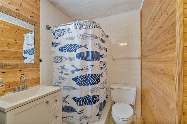 29051 Magnolia Ln, Big Pine Key, FL 33043 - full bath featuring curtained shower, toilet, wood walls, and vanity