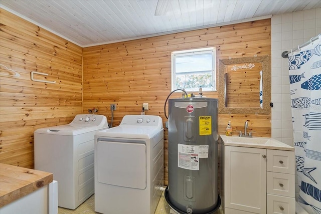 29051 Magnolia Ln, Big Pine Key, FL 33043 - clothes washing area with water heater, a sink, washer and clothes dryer, cabinet space, and wood ceiling