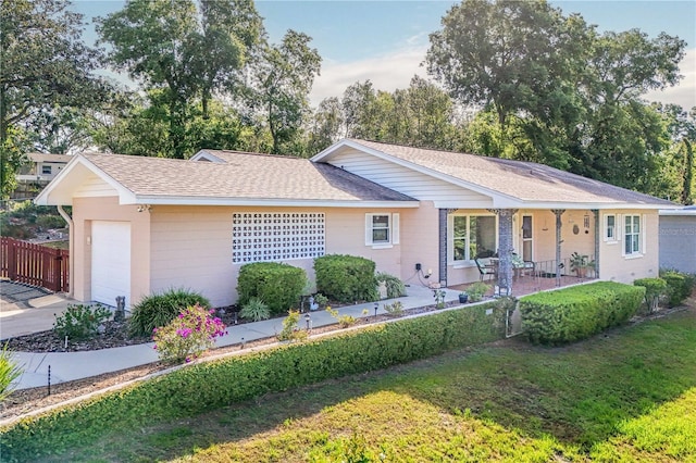 ranch-style house with driveway, roof with shingles, fence, an attached garage, and a front lawn