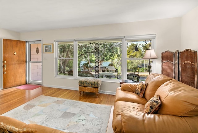 living room featuring plenty of natural light, baseboards, and wood finished floors