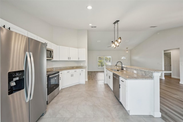 2575 SE 75th Blvd, Bushnell, FL 33513 - kitchen featuring light stone counters, a sink, appliances with stainless steel finishes, visible vents, and white cabinets