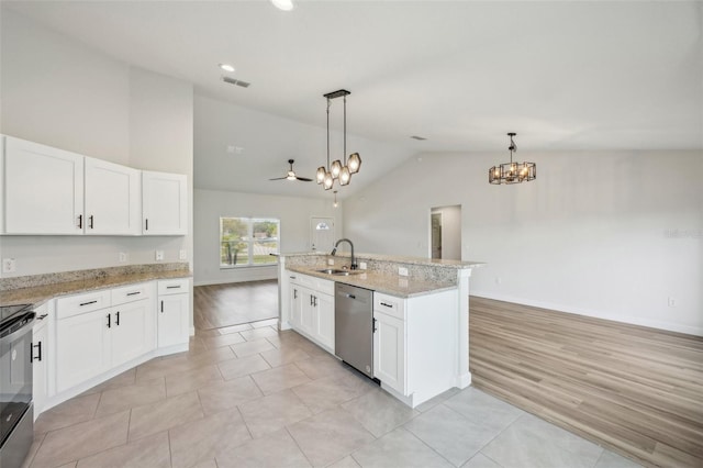 2575 SE 75th Blvd, Bushnell, FL 33513 - kitchen featuring a sink, stainless steel dishwasher, hanging light fixtures, visible vents, and an inviting chandelier