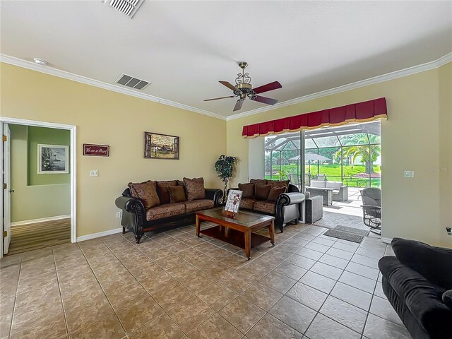 25545 Laurel Valley Rd, Leesburg, FL 34748 - living room featuring a ceiling fan, crown molding, baseboards, and visible vents