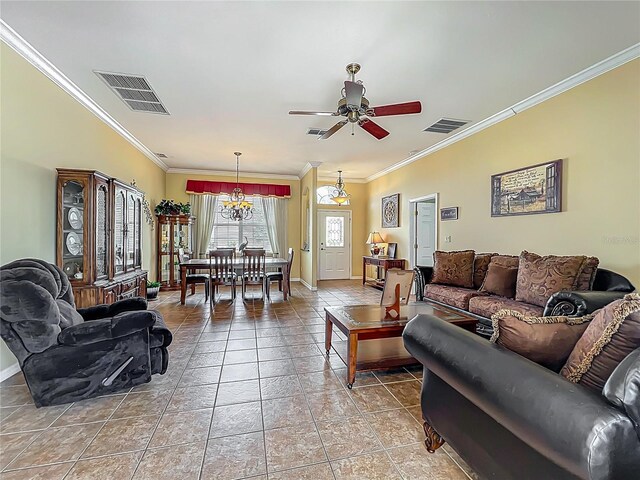 25545 Laurel Valley Rd, Leesburg, FL 34748 - living room featuring ornamental molding, visible vents, and a ceiling fan