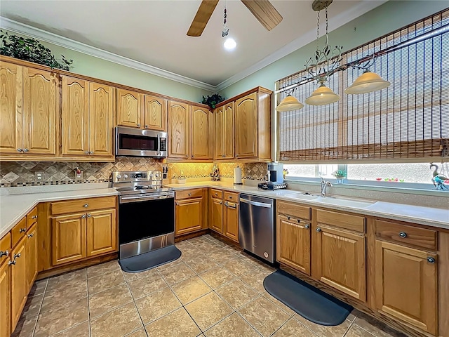 25545 Laurel Valley Rd, Leesburg, FL 34748 - kitchen featuring ceiling fan, crown molding, decorative backsplash, and stainless steel appliances