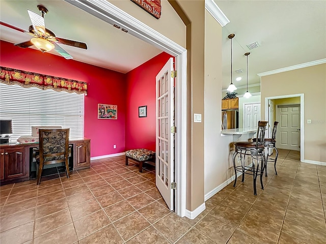 25545 Laurel Valley Rd, Leesburg, FL 34748 - interior space featuring ornamental molding, baseboards, tile patterned floors, visible vents, and a ceiling fan