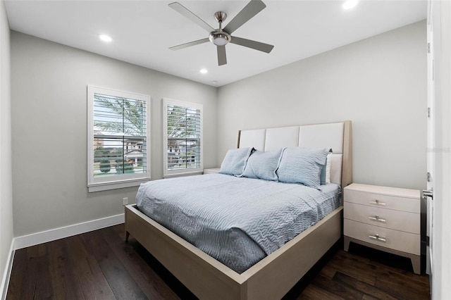 bedroom with dark wood finished floors, baseboards, ceiling fan, and recessed lighting