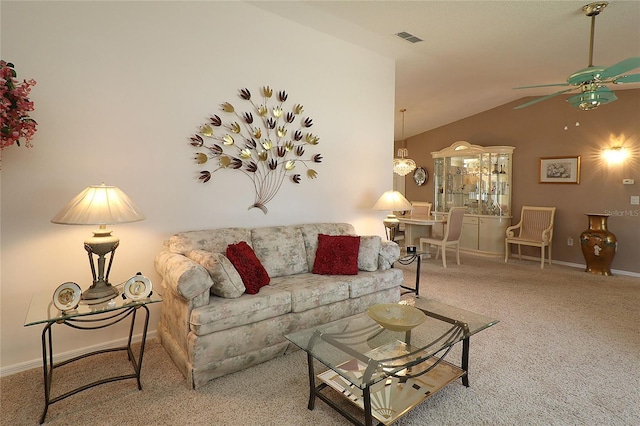 9948 SE 175th Pl, Summerfield, FL 34491 - living room featuring a ceiling fan, visible vents, carpet floors, lofted ceiling, and baseboards