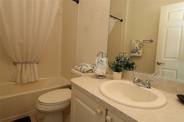 bathroom with shower / tub combo, vanity, and toilet