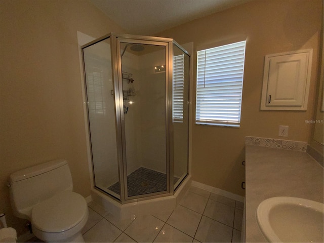 664 San Pedro Dr, The Villages, FL 32159 - full bath with a stall shower, tile patterned floors, toilet, a sink, and baseboards