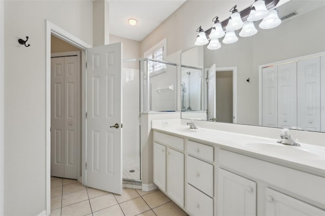 full bathroom with a shower stall, tile patterned floors, a closet, and a sink