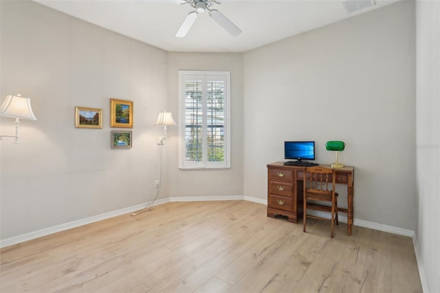 home office featuring baseboards, visible vents, ceiling fan, and wood finished floors