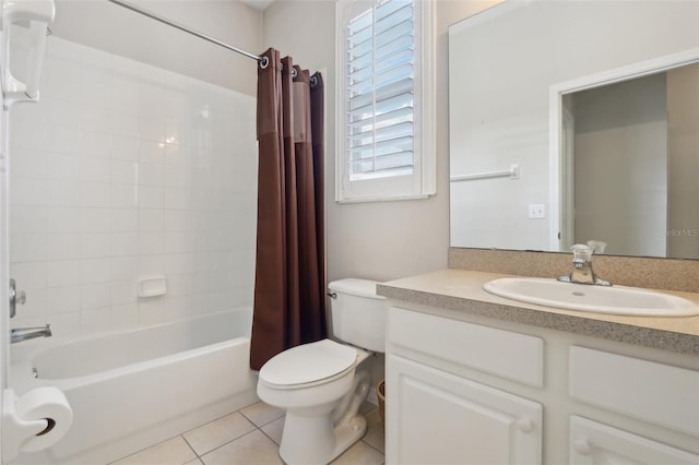 bathroom with vanity, toilet, tile patterned flooring, and shower / tub combo with curtain