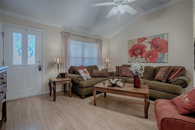 725 Beldon Ct, The Villages, FL 32162 - living area with lofted ceiling, healthy amount of natural light, light wood-type flooring, ornamental molding, and ceiling fan