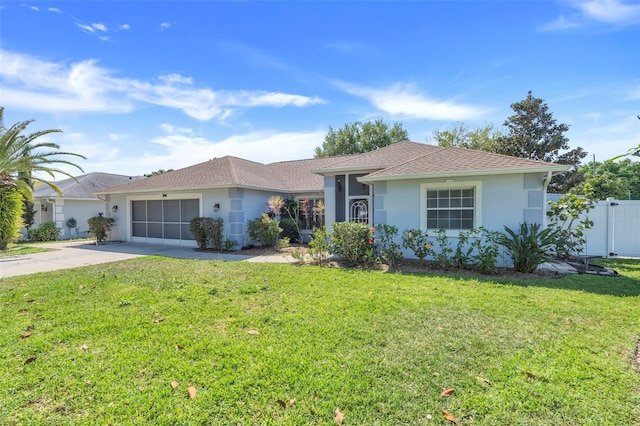 ranch-style house with a garage, fence, a front lawn, concrete driveway, and stucco siding