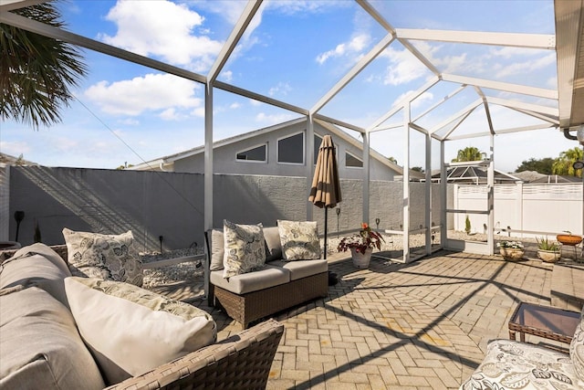 1917 Peachtree Ave, The Villages, FL 32162 - fenced backyard featuring outdoor lounge area, a patio area, and glass enclosure