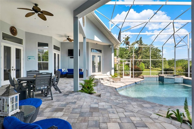 13112 Luntz Point Ln, Windermere, FL 34786 - view of swimming pool featuring french doors, a ceiling fan, a patio area, an outdoor living space, and outdoor dining area
