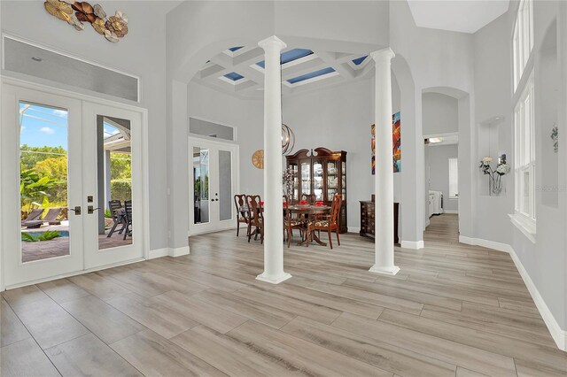 13112 Luntz Point Ln, Windermere, FL 34786 - entryway with a high ceiling, french doors, coffered ceiling, baseboards, and decorative columns
