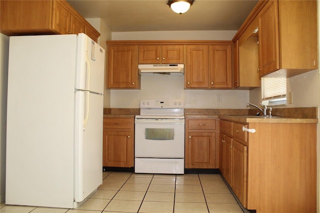 5177 Edwina St, Orlando, FL 32811 - kitchen featuring light tile patterned flooring, a sink, brown cabinetry, under cabinet range hood, and white appliances